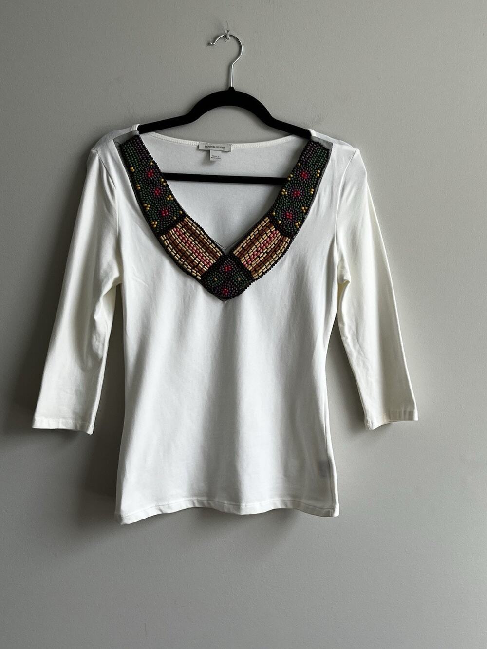 Boston Proper Top Size Small Beaded White 3/4 Sleeve Cotton